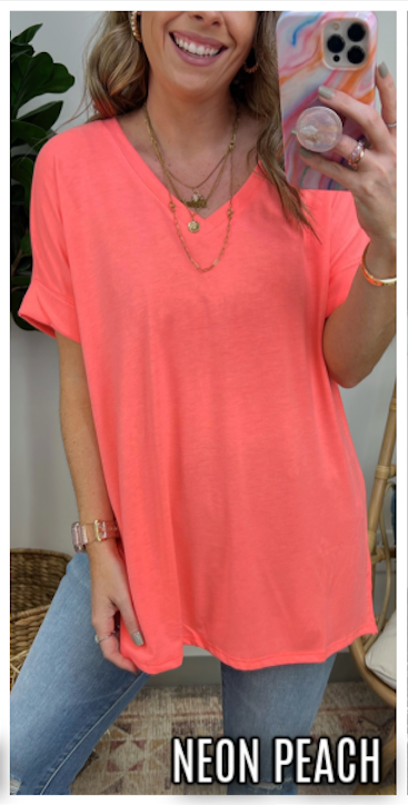 Neon Peach / S Mariza Rolled Sleeve Top - BACK IN STOCK - Madison and Mallory