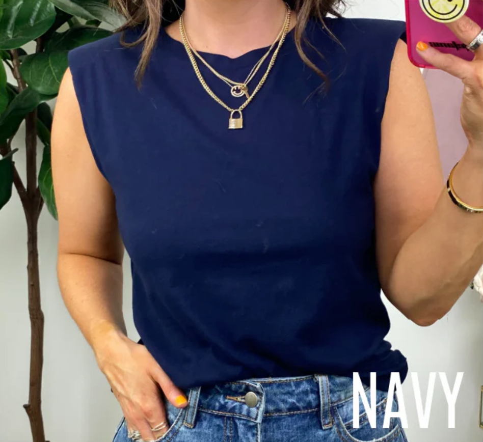 Navy / S Kearston Sleeveless Shoulder Pad Top - FINAL SALE - Madison and Mallory