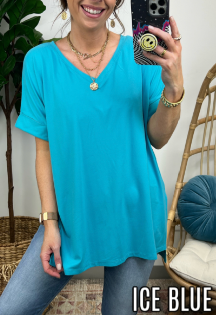 Ice Blue / S Terra Rolled Sleeve V-Neck Top - FINAL SALE - Madison and Mallory