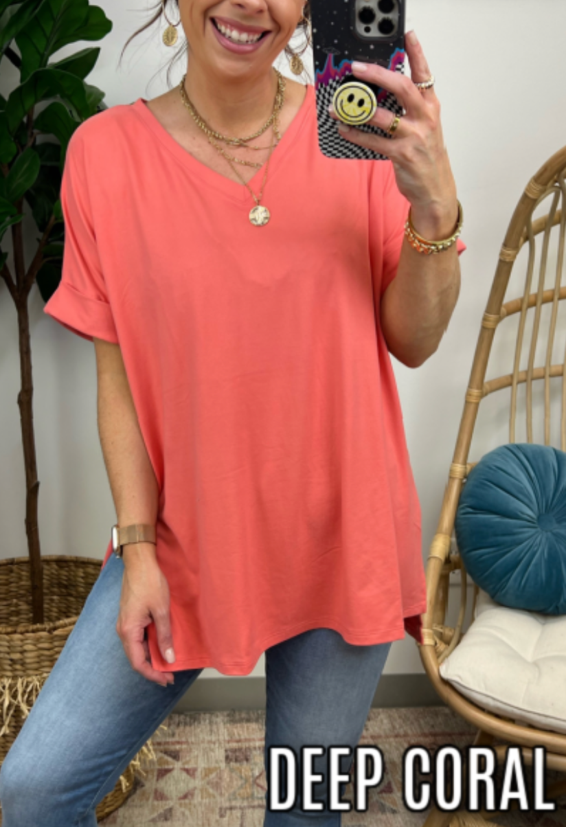 Deep Coral / S Terra Rolled Sleeve V-Neck Top - FINAL SALE - Madison and Mallory