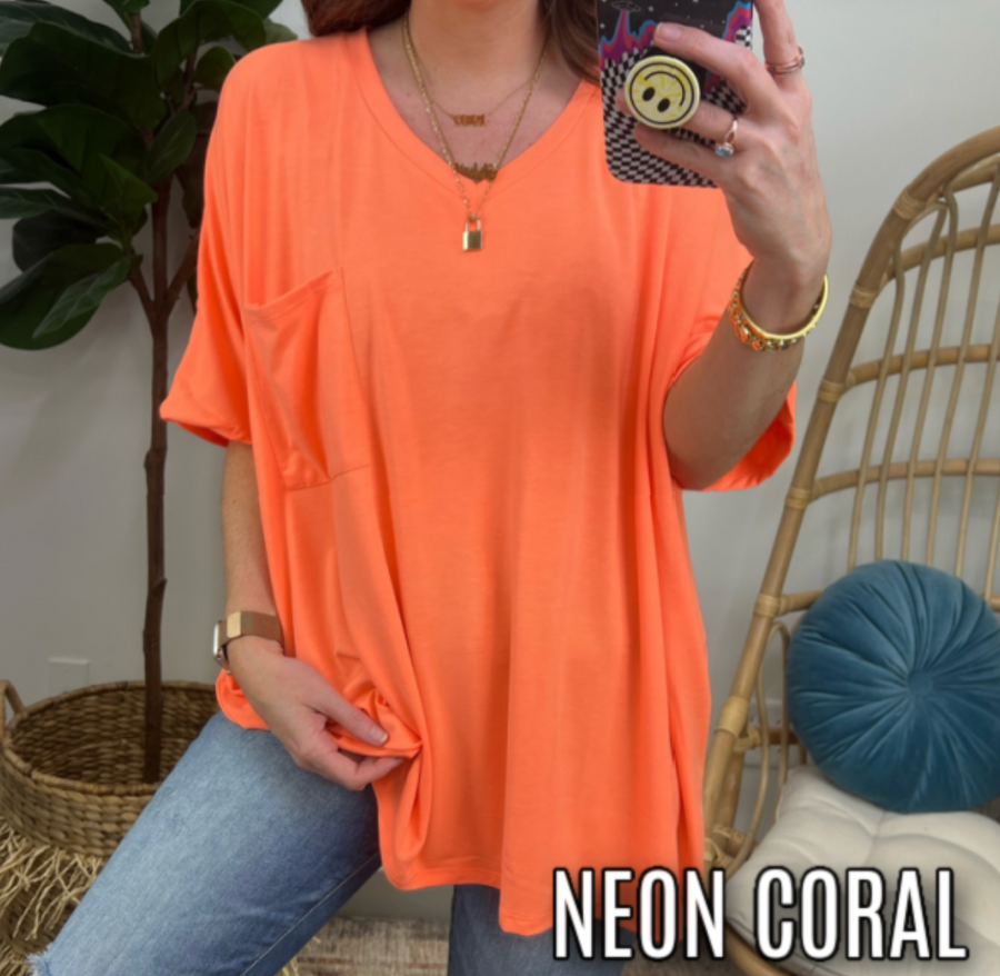 Neon Coral / S Cielie Relaxed V-Neck Pocket Top - FINAL SALE - Madison and Mallory