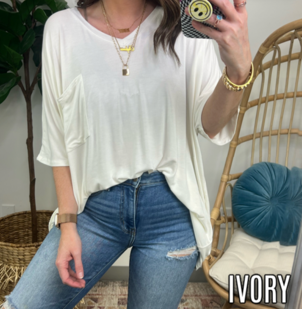 Ivory / S Cielie Relaxed V-Neck Pocket Top - FINAL SALE - Madison and Mallory