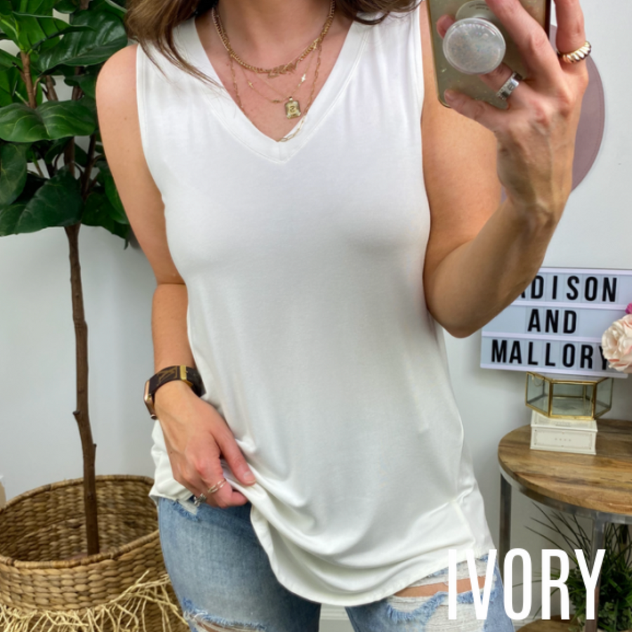 Ivory / S Ashten V-Neck Relaxed Fit Tank Top - FINAL SALE - Madison and Mallory