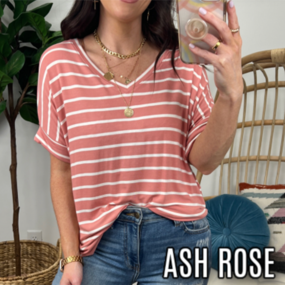 Ash Rose / S Delainy Striped V-Neck Top - FINAL SALE - Madison and Mallory