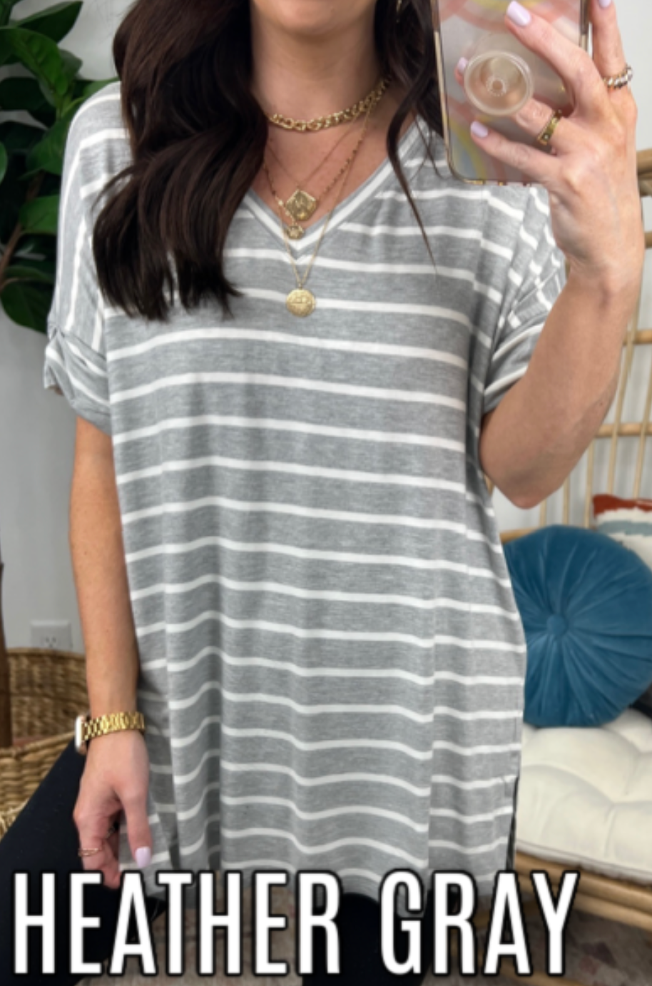 Heather Gray / S Delainy Striped V-Neck Top - FINAL SALE - Madison and Mallory