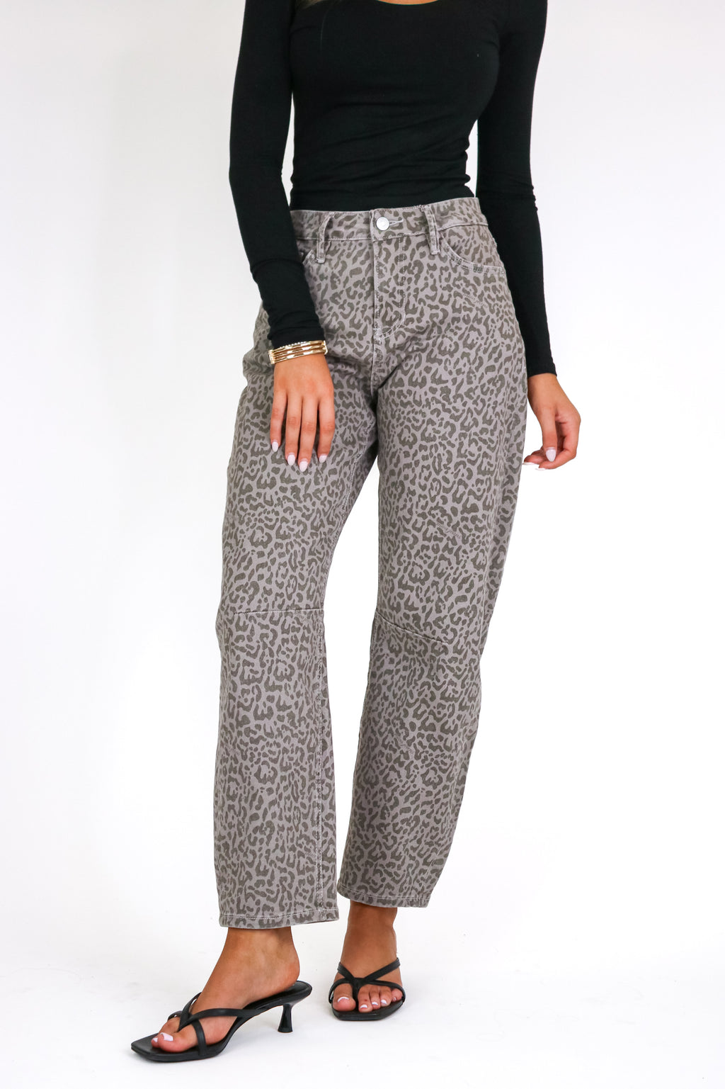 25 / Ash Brown Sculptline High Rise Tummy Tuck Animal Print Barrel Jeans - Madison and Mallory