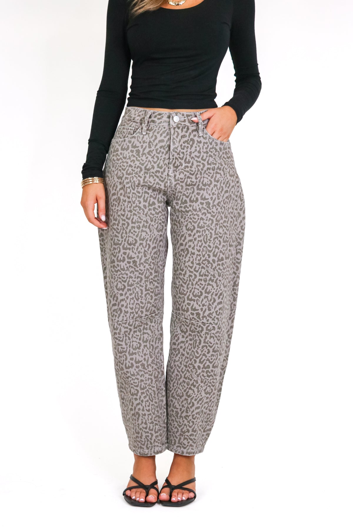 Sculptline High Rise Tummy Tuck Animal Print Barrel Jeans - Madison and Mallory
