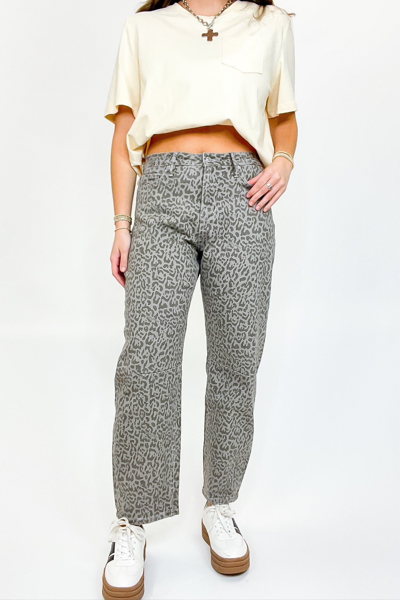 25 / Ash Brown Sculptline High Rise Tummy Tuck Animal Print Barrel Jeans - Madison and Mallory