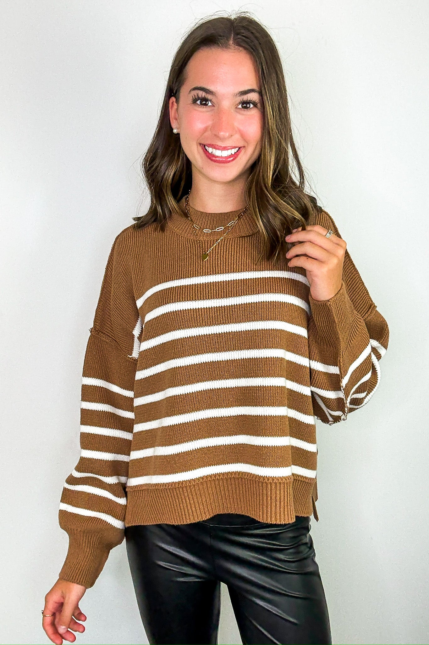 Deep Camel / SM Seam Story Striped Oversized Sweater - Madison and Mallory