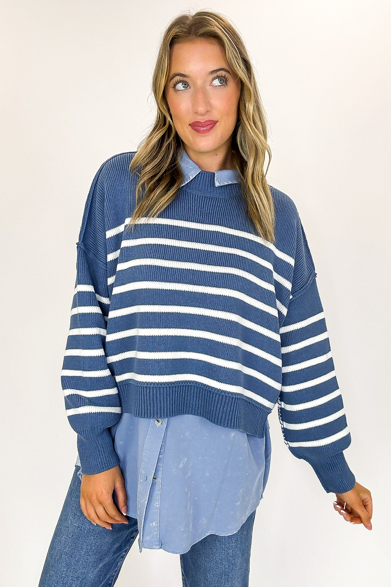 Dusty Blue / SM Seam Story Striped Oversized Sweater - BACK IN STOCK - Madison and Mallory