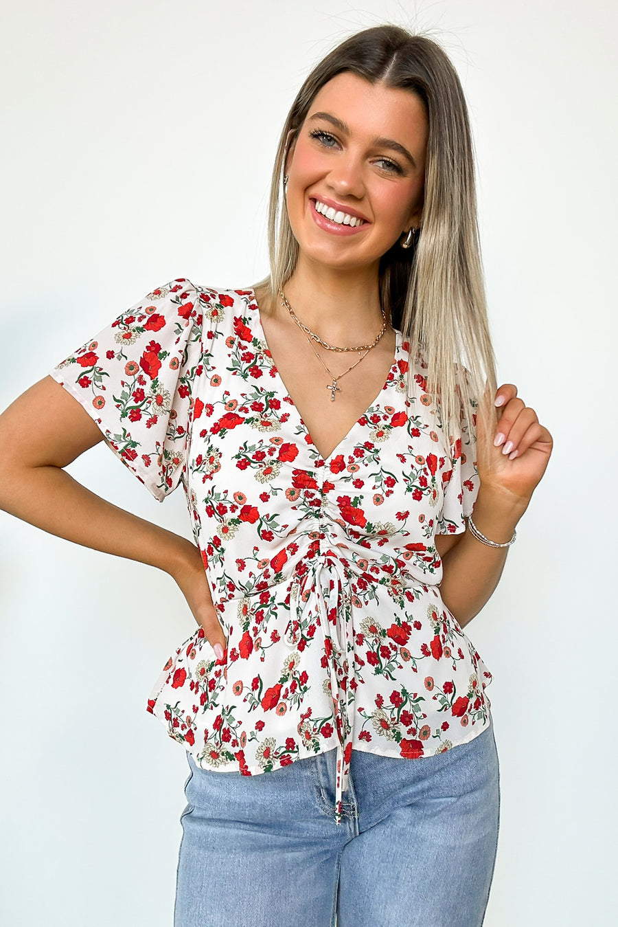 S / Ivory Red Season of Blooms V-Neck Ruched Floral Top - BACK IN STOCK - Madison and Mallory