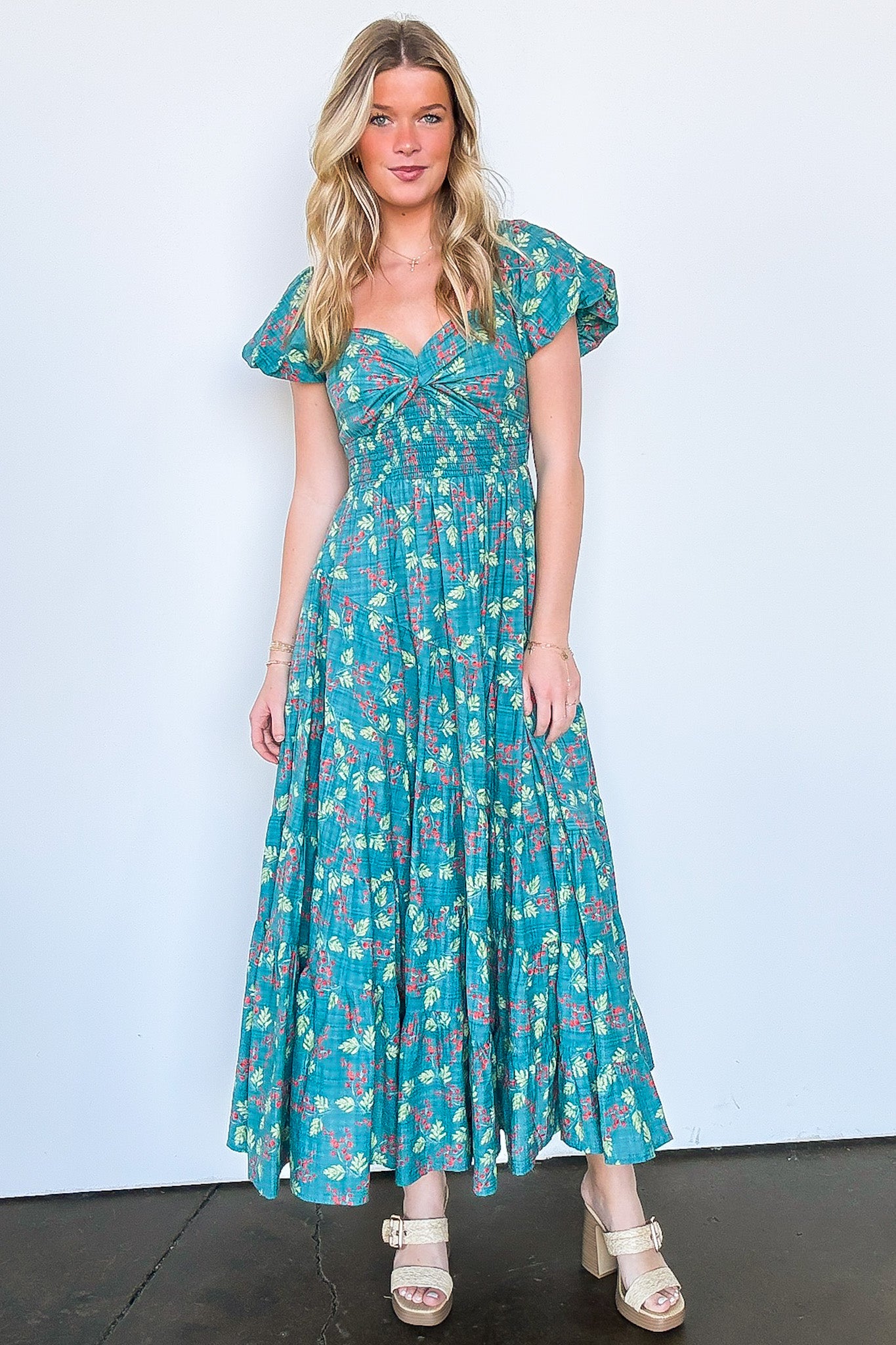 Sensationally Sweeter Floral Tiered Maxi Dress - FINAL SALE L / Teal Green Sensationally Sweeter Floral Tiered Maxi Dress - FINAL SALE L / Teal Green