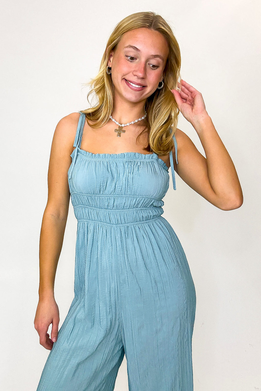 Serendipity Silky Ruched Tie Strap Babydoll Jumpsuit - Madison and Mallory