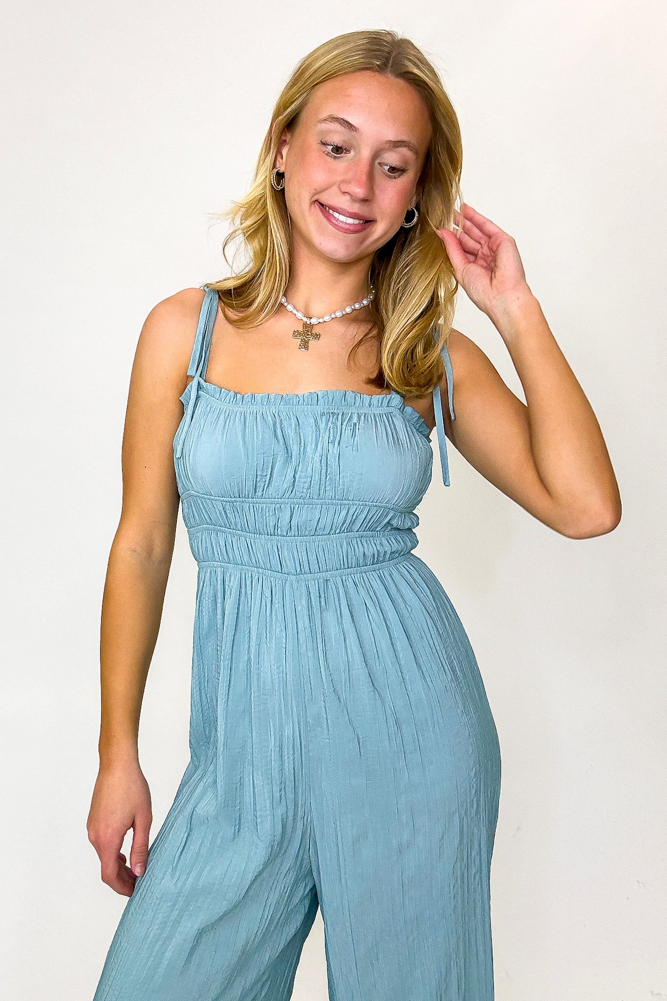 Serendipity Silky Ruched Tie Strap Babydoll Jumpsuit - Madison and Mallory