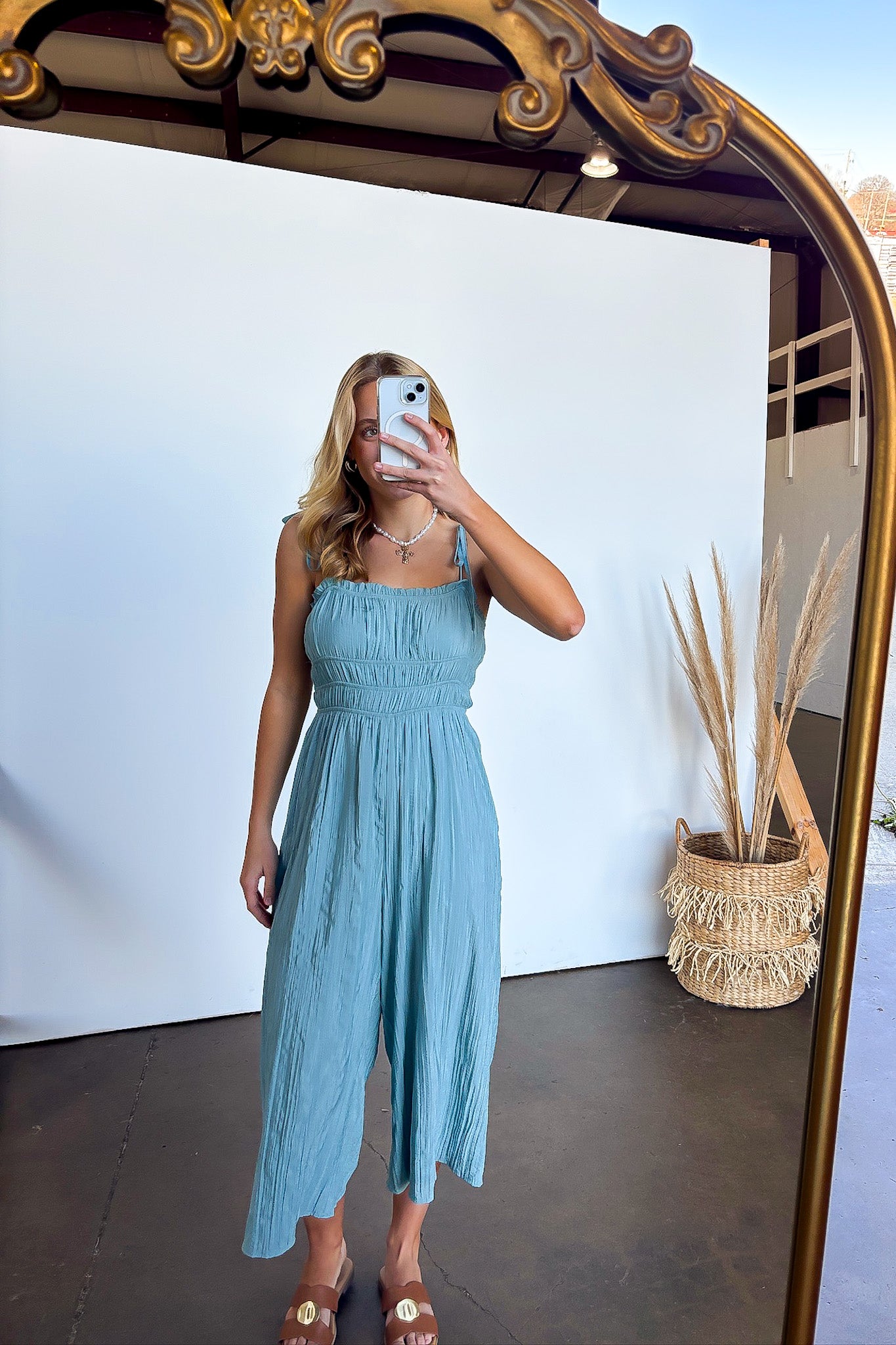 Canal Blue / S Serendipity Silky Ruched Tie Strap Babydoll Jumpsuit - Madison and Mallory
