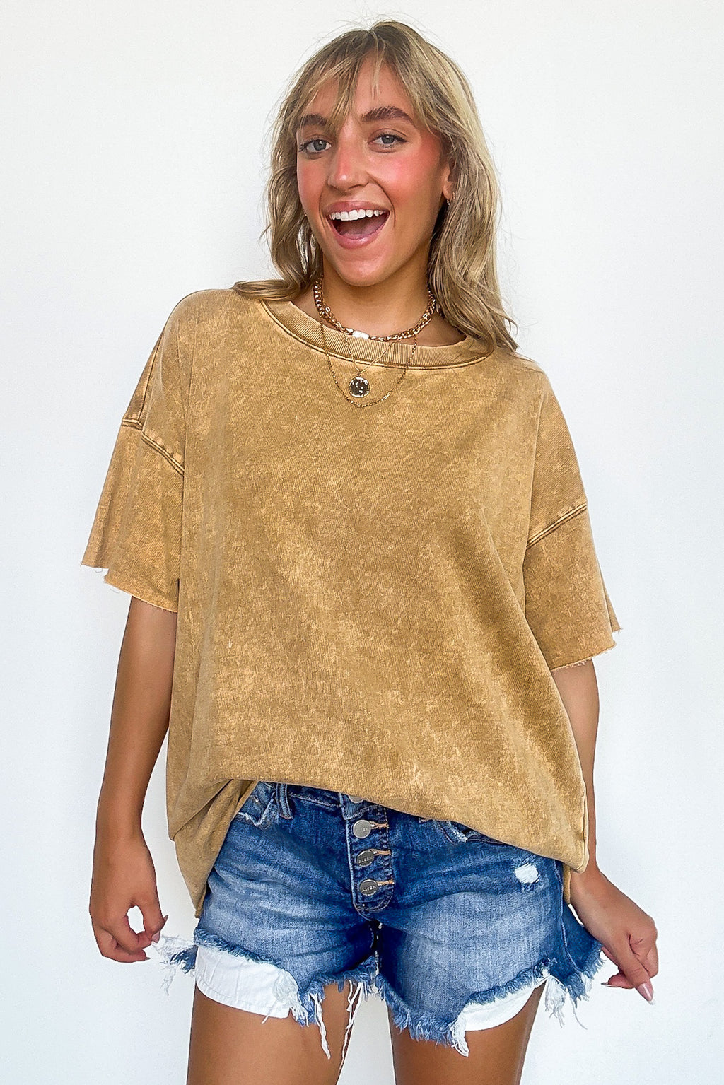 Camel / SM Serene Escapes Acid Wash Raw Edge Relaxed Fit Top - BACK IN STOCK - Madison and Mallory