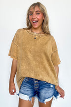Camel / SM Serene Escapes Acid Wash Raw Edge Relaxed Fit Top - BACK IN STOCK - Madison and Mallory
