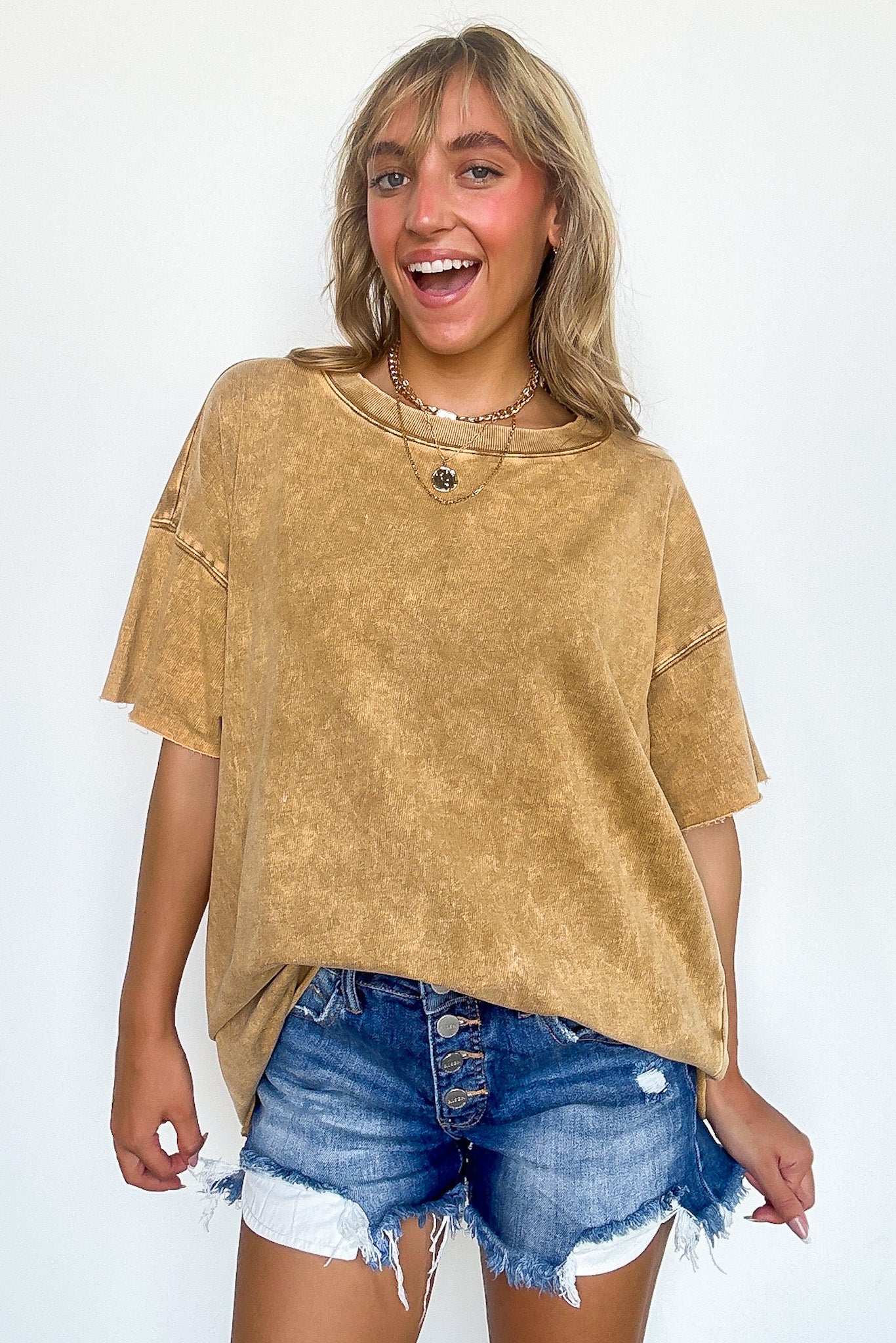 Camel / SM Serene Escapes Acid Wash Raw Edge Relaxed Fit Top - BACK IN STOCK - Madison and Mallory