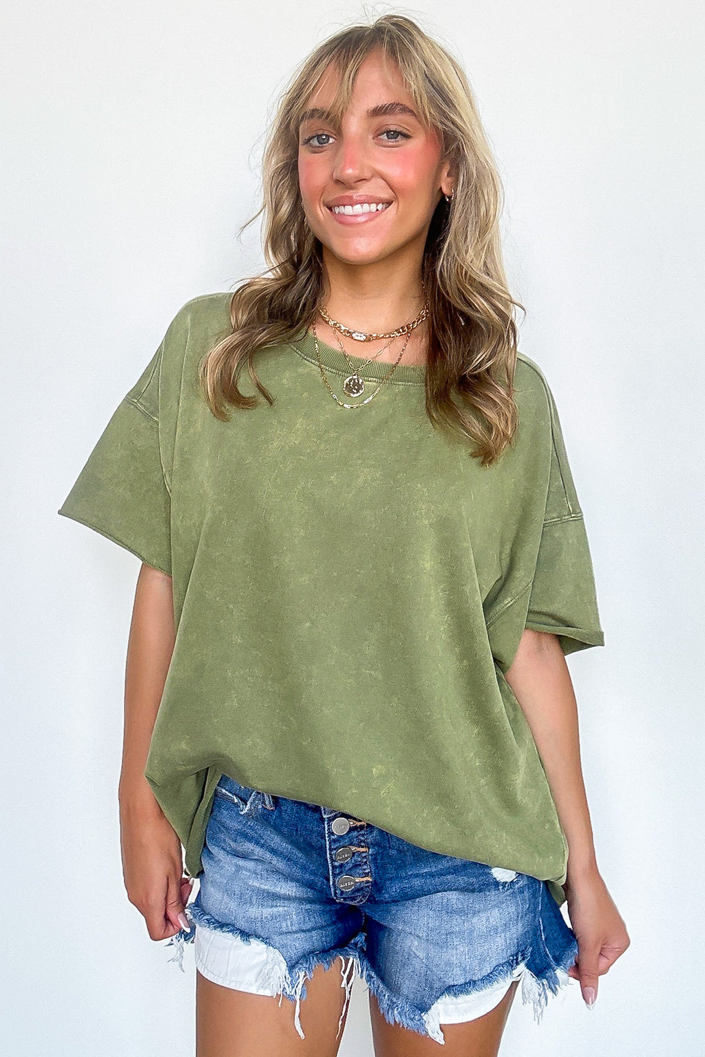 Light Olive / SM Serene Escapes Acid Wash Raw Edge Relaxed Fit Top - BACK IN STOCK - Madison and Mallory