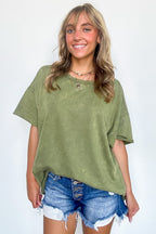 Light Olive / SM Serene Escapes Acid Wash Raw Edge Relaxed Fit Top - BACK IN STOCK - Madison and Mallory