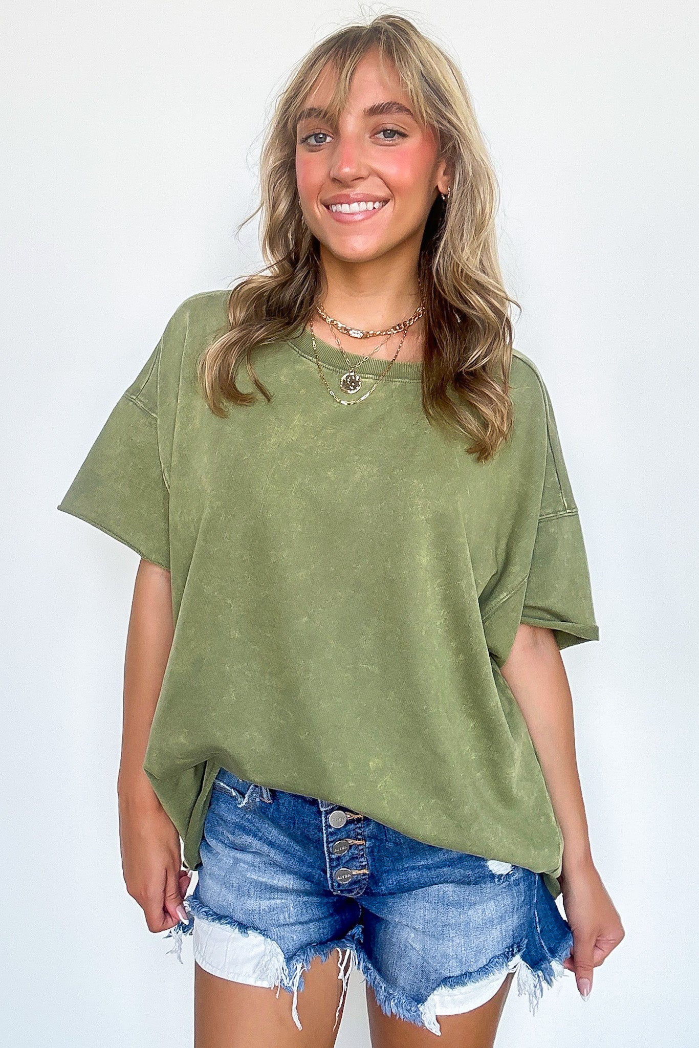 Light Olive / SM Serene Escapes Acid Wash Raw Edge Relaxed Fit Top - BACK IN STOCK - Madison and Mallory