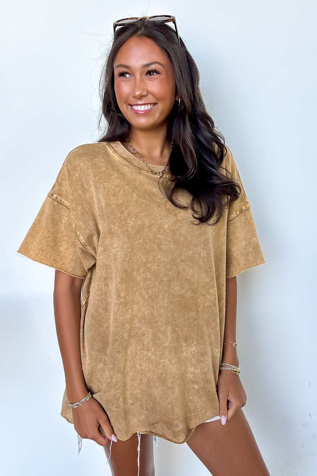 Camel / SM Serene Escapes Acid Wash Relaxed Top - Madison and Mallory