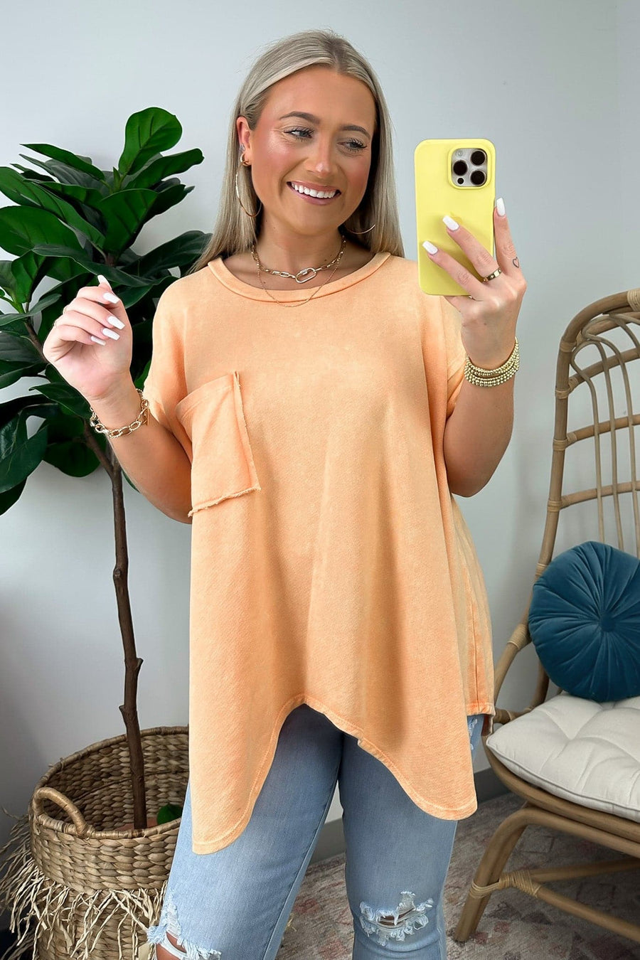 Coral Rose / S Shaniah Asymmetric Washed Pocket Tee - FINAL SALE - Madison and Mallory