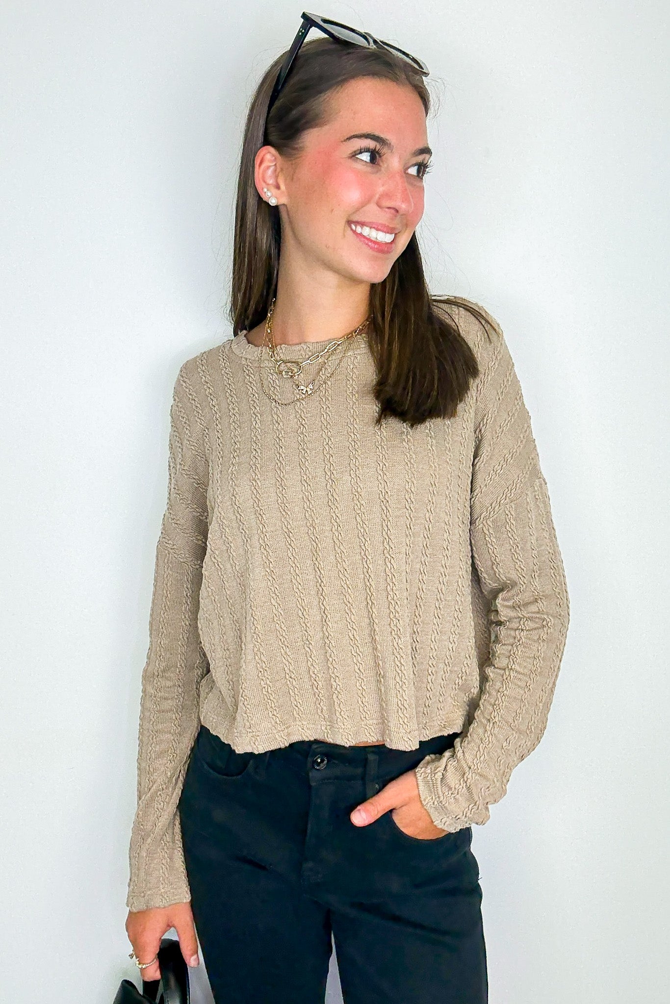 Mocha / S Shanie Cable Knit Banded Top - Madison and Mallory
