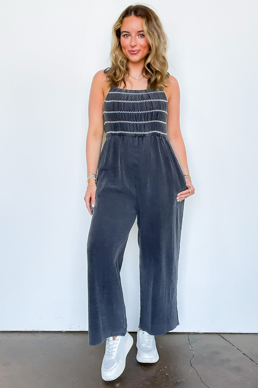 Shannon Smocked Tie Strap Jumpsuit - Madison and Mallory