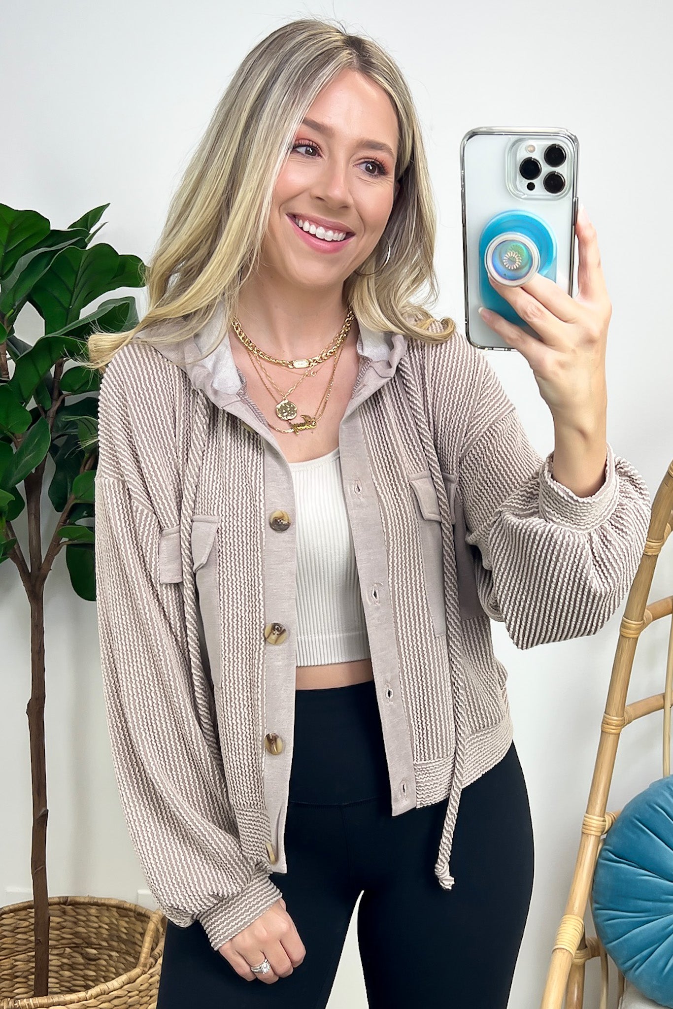 Taupe / S Sharnah Contrast Hooded Shacket - FINAL SALE - Madison and Mallory