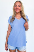 Denim Blue / S Sharon V-Neck Knit Top - FINAL SALE - Madison and Mallory