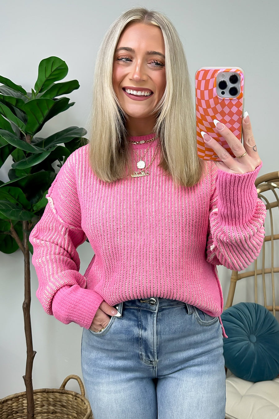 Pink / S Shey Two Tone Knit Sweater - FINAL SALE - Madison and Mallory