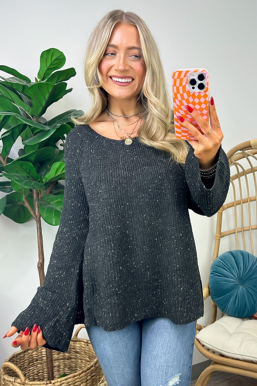Charcoal / SM Shine Bright Bell Sleeve Rib Knit Sweater - FINAL SALE - Madison and Mallory
