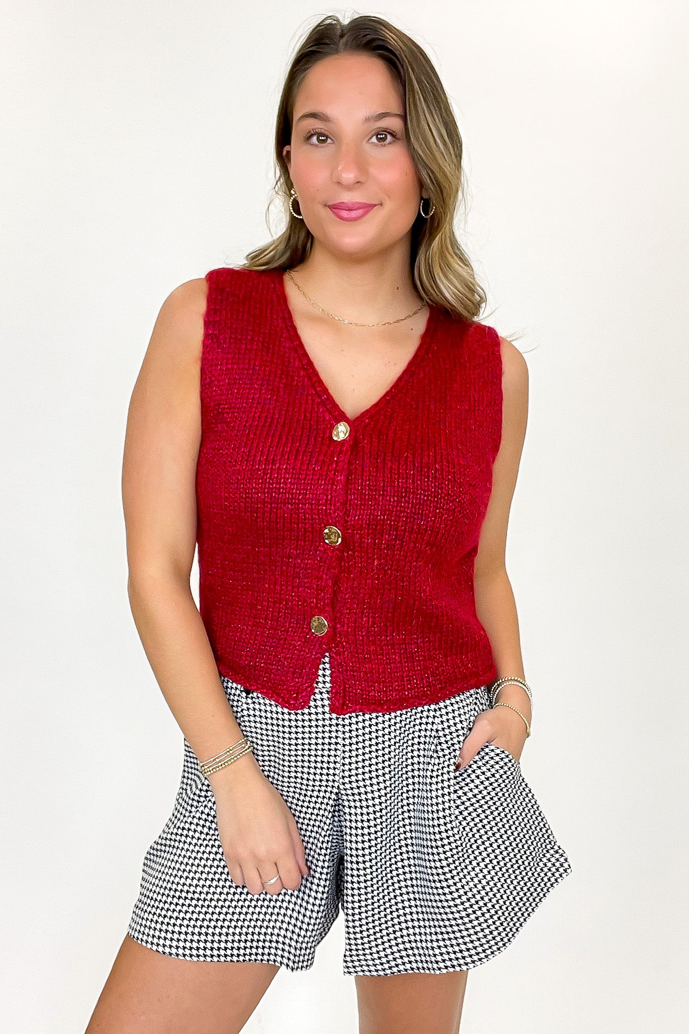 Shine & Stitch V-Neck Button Down Lurex Sweater Vest