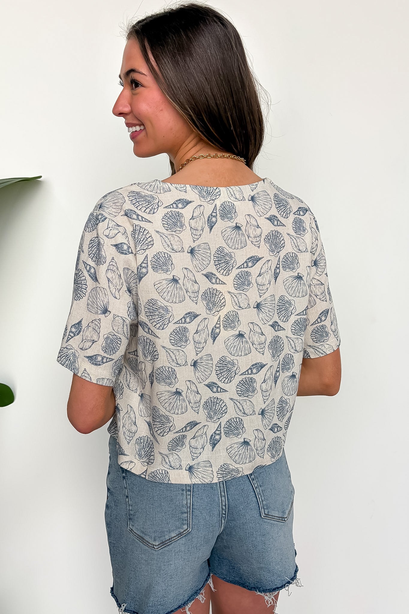 Shoreline Shells Printed Linen V-Neck Button Up Top