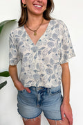 S / Blue Siren Shoreline Shells Printed Linen V-Neck Button Up Top - Madison and Mallory
