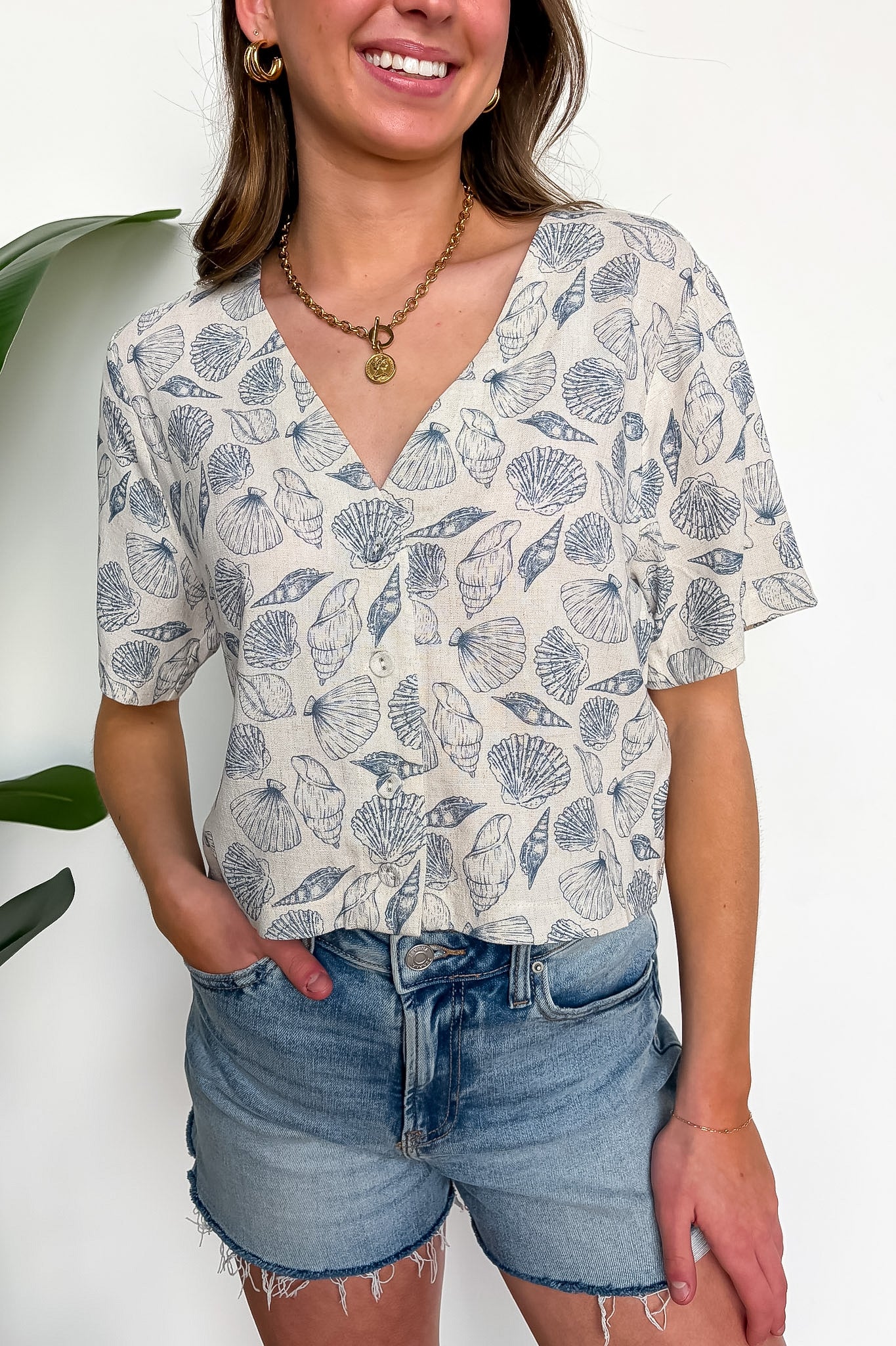 Shoreline Shells Printed Linen V-Neck Button Up Top