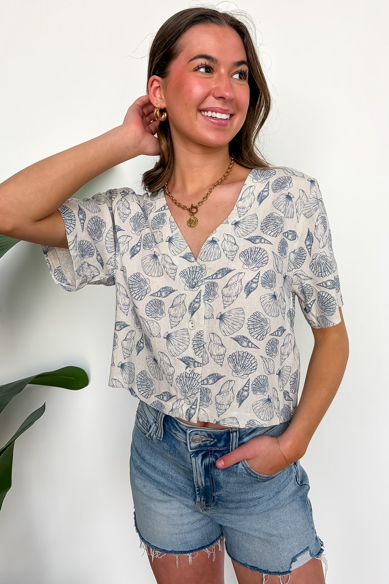 Shoreline Shells Printed Linen V-Neck Button Up Top