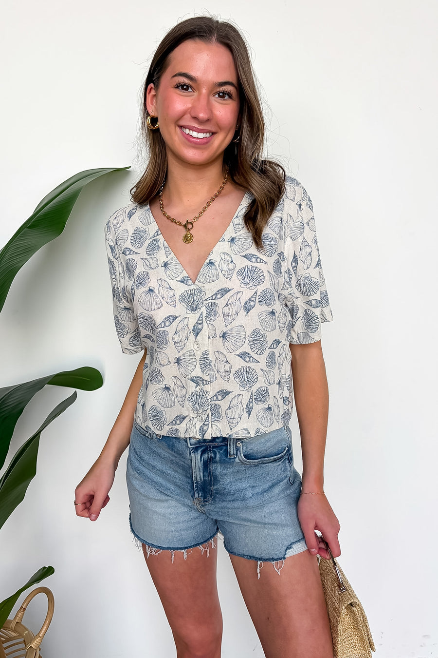 Shoreline Shells Printed Linen V-Neck Button Up Top
