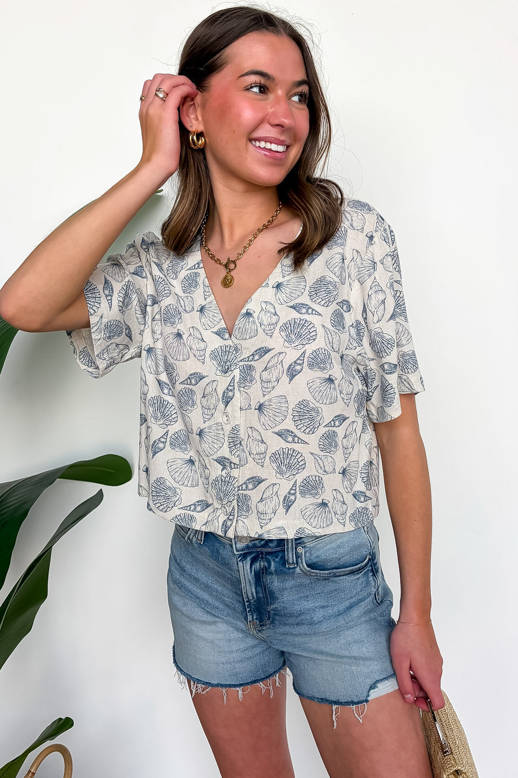 Shoreline Shells Printed Linen V-Neck Button Up Top - Madison and Mallory