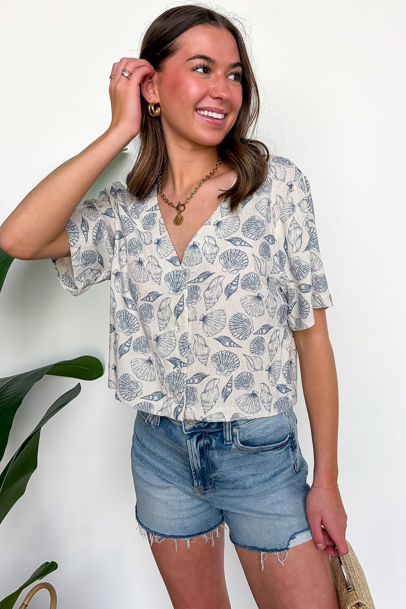 Shoreline Shells Printed Linen V-Neck Button Up Top - Madison and Mallory