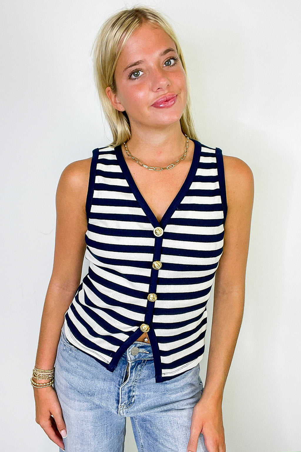 Navy / S Shoreline Stripes Knit Button Front Tank - FINAL SALE - Madison and Mallory