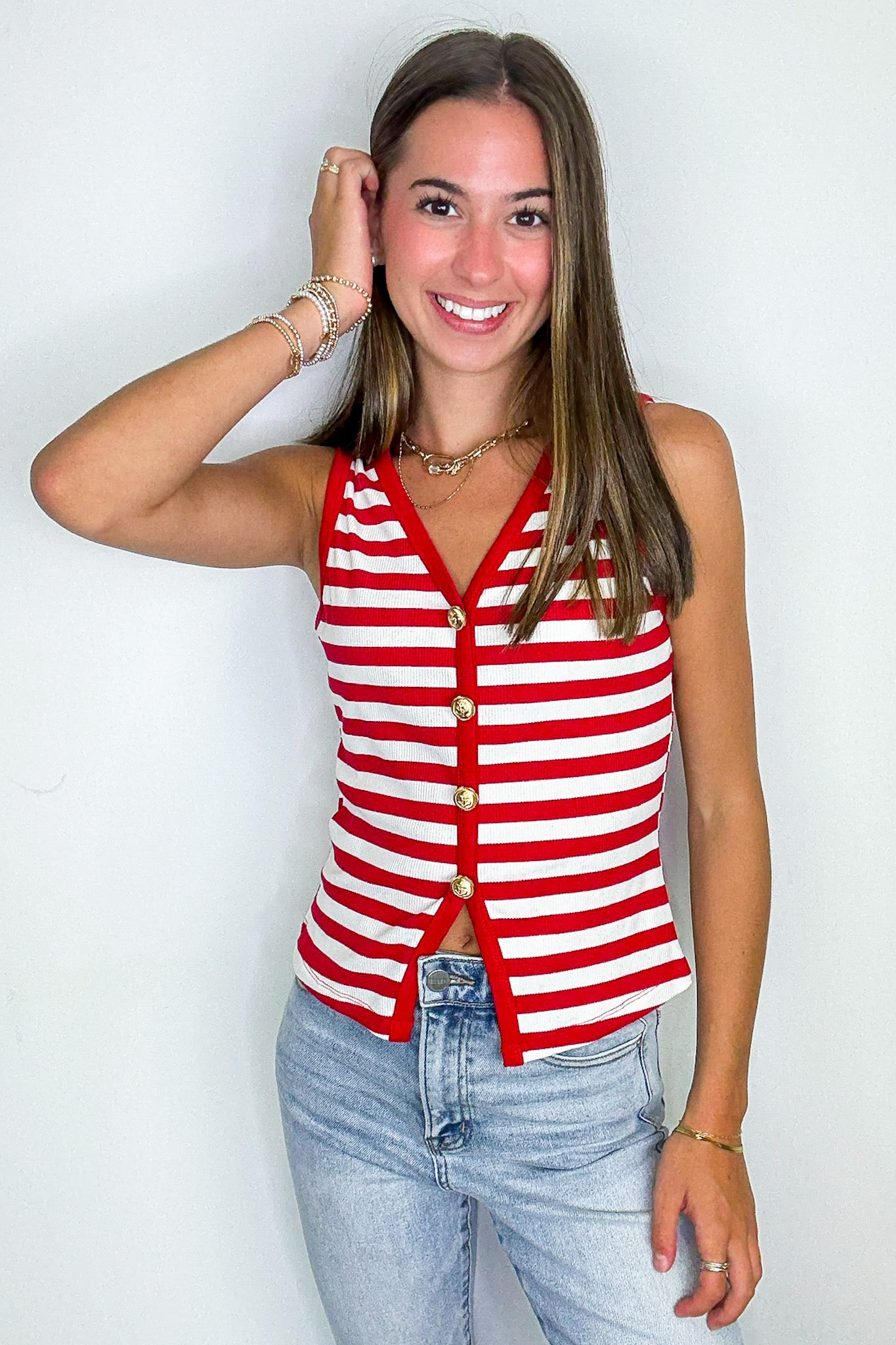 Shoreline Stripes Knit Button Front Tank - Madison and Mallory