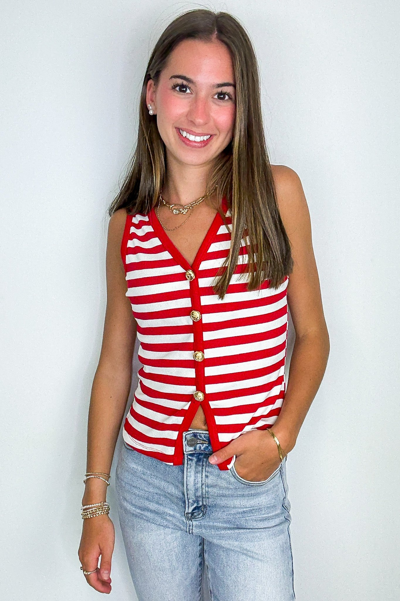 Shoreline Stripes Knit Button Front Tank - Madison and Mallory