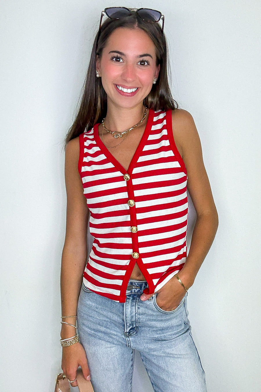 Red / S Shoreline Stripes Knit Button Front Tank - Madison and Mallory