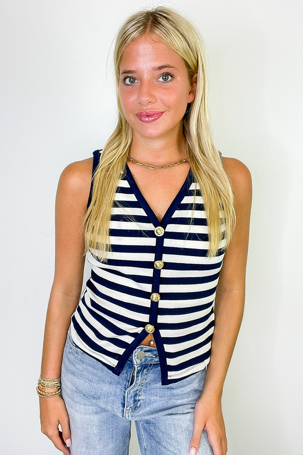 Shoreline Stripes Knit Button Front Tank - FINAL SALE - Madison and Mallory