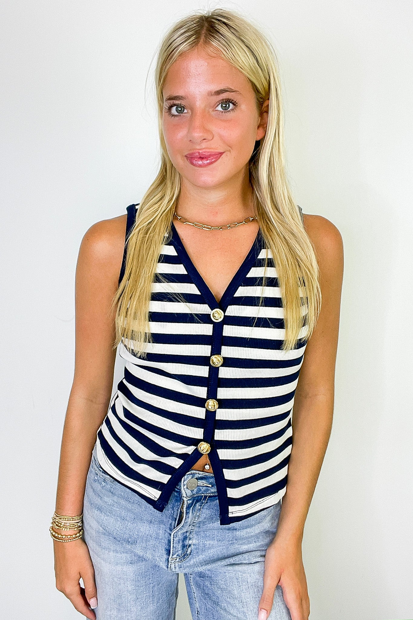 Shoreline Stripes Knit Button Front Tank - Madison and Mallory