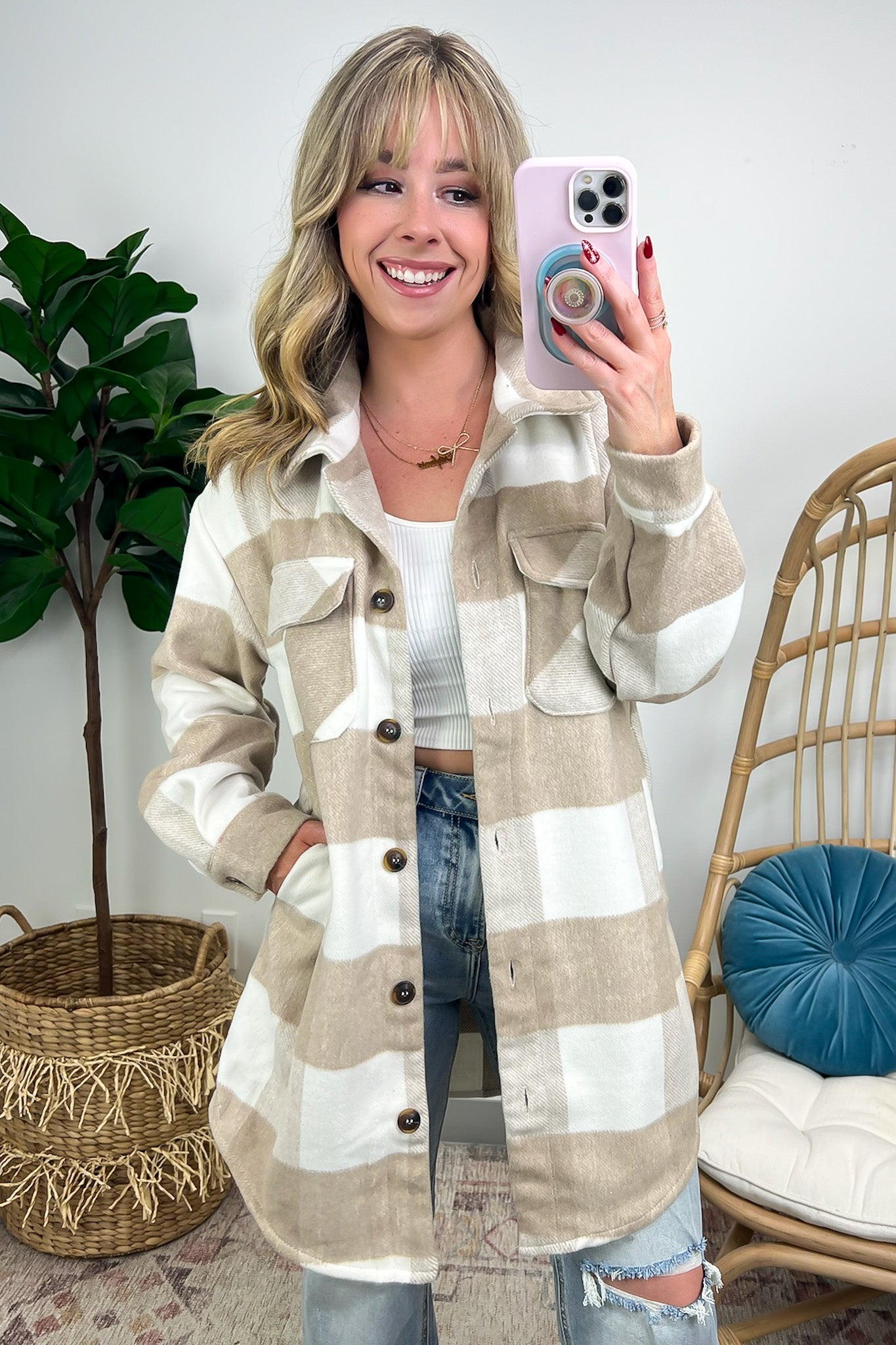 Khaki / S Shyanne Buffalo Plaid Button Down Shacket - FINAL SALE - Madison and Mallory