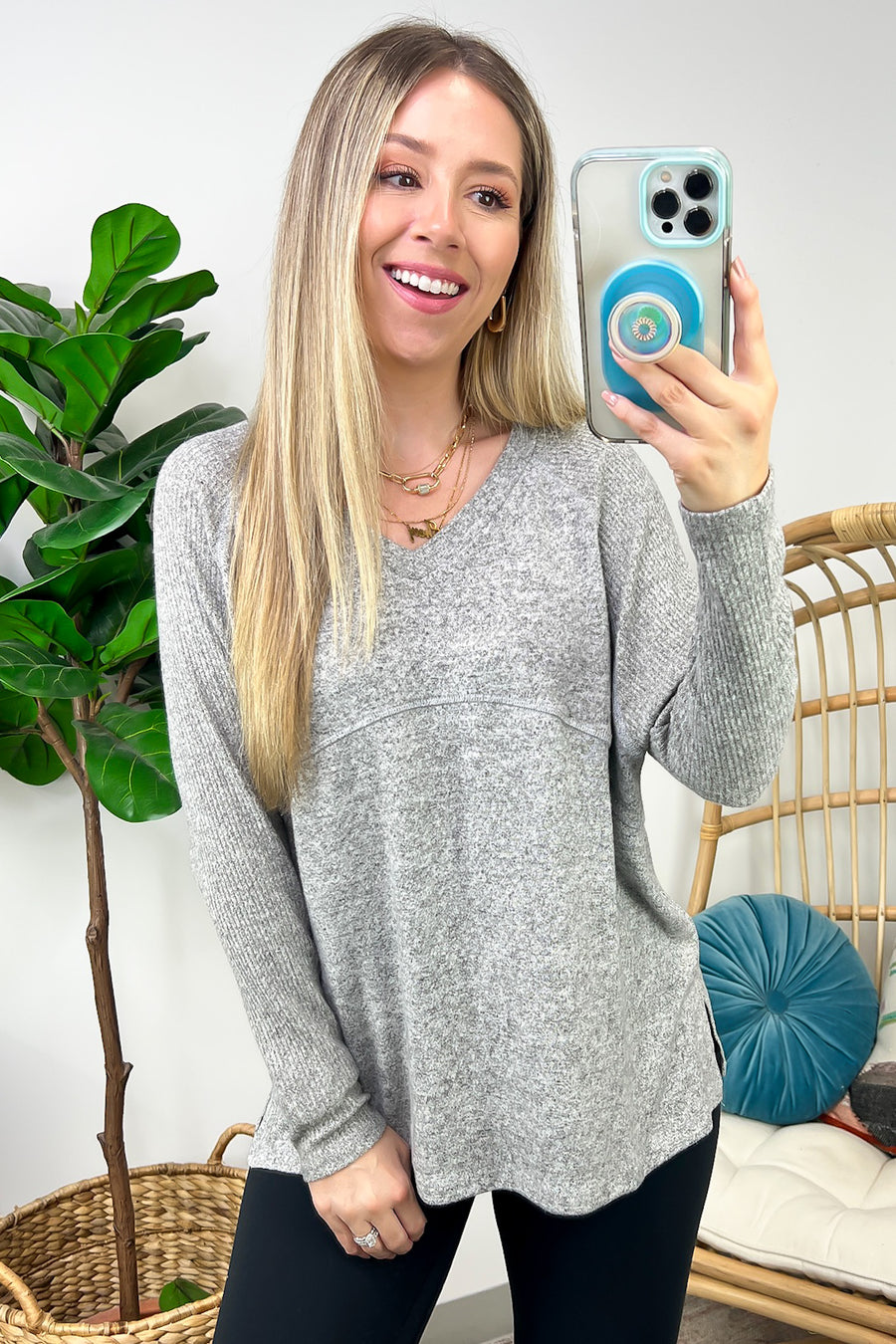 Heather Gray / S Sierrah V-Neck Soft Ribbed Knit Top - FINAL SALE - Madison and Mallory