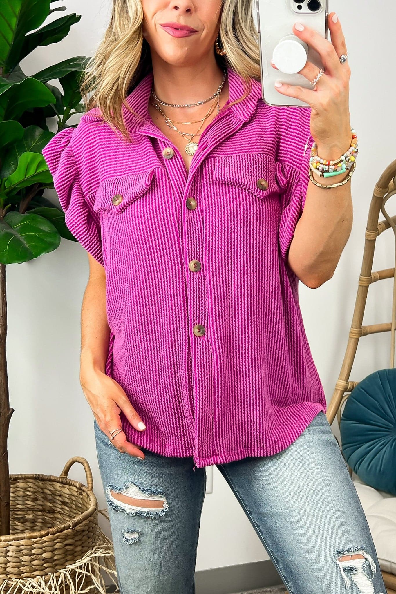  Significant Sweetie Rib Knit Ruffle Sleeve Button Down Top - FINAL SALE - Madison and Mallory